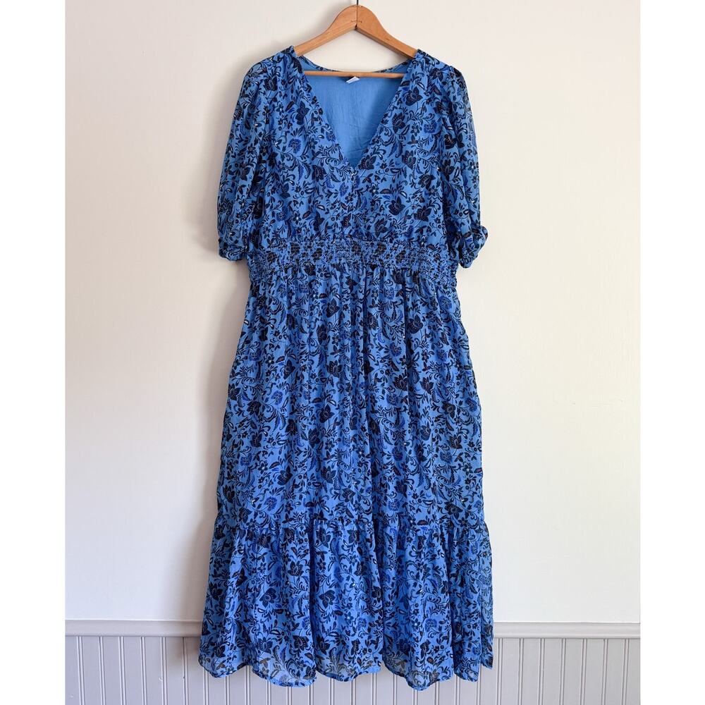 Old Navy Waist Defined V Neck Midi Dress Blue Floral Boho Cottagecore Bohemian